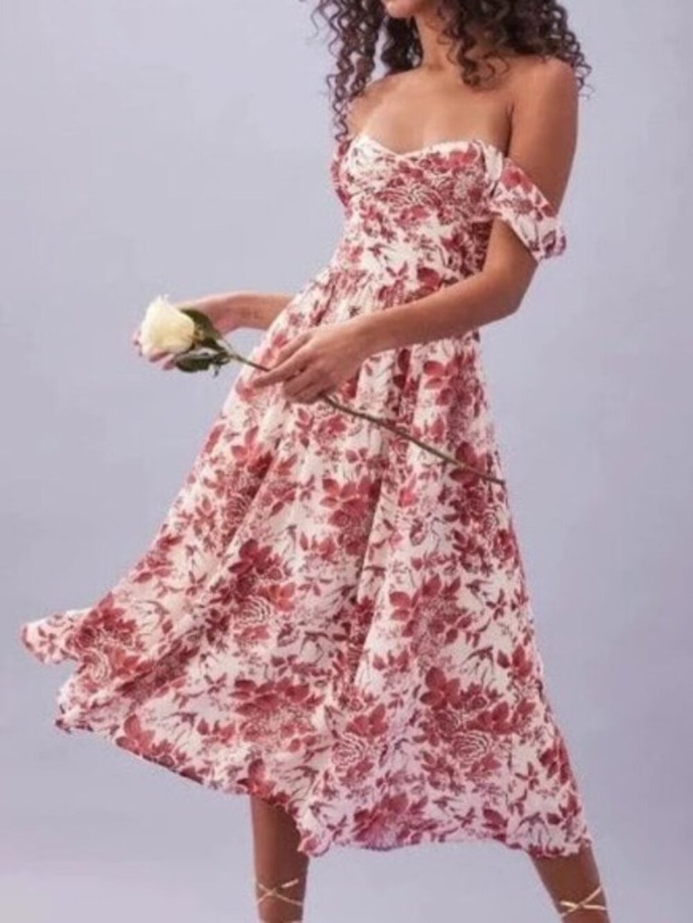 Reformation Maxi Dress White Red Floral Pompadour Violet Off Shoulder sz 0